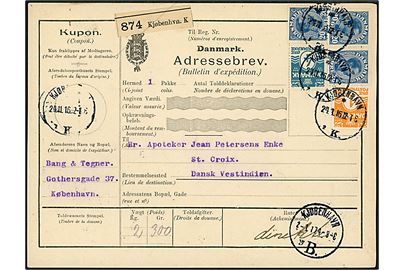 1 øre, 4 øre Bølgelinie og 20 øre Chr. X (3) på 65 øre frankeret adressekort for pakke fra Kjøbenhavn d. 24.11. 1916 via Kjøbenhavn B. d. 2.1.1917 til St. Croix, Dansk Vestindien. Ank.stemplet i Frederiksted d. 3.3.1917. Sendt med S/S “Tranquebar” fra Kbh. d. 3.1.1917.