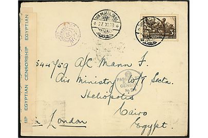 3½ mk. Delaware 300 år på brev fra Vammelsuu på det Karelske Næs d. 27.11.1939 til britisk soldat, F. Mann, ved Air Ministry W/T Station, Heliopolis i Egypten. Åbnet af eygptisk censur og RAF censur no. 24.