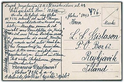 10 pa., 15 pa. og 25 pa. Alexander på billedside af brevkort fra Zagreb d. 18.4.1922 til Reykjavik, Island. God destination.