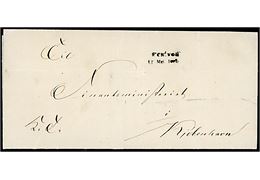 1852. Ufrankeret tjenestebrev mærket “K.T.” med sort 2-liniestempel Nestved d. 11.5.1852 til Finansministeriet i Kjøbenhavn. Reservestempel benyttet i maj/juni 1852 da Næstveds antiqua stempel blev omdannet fra IIb til III.