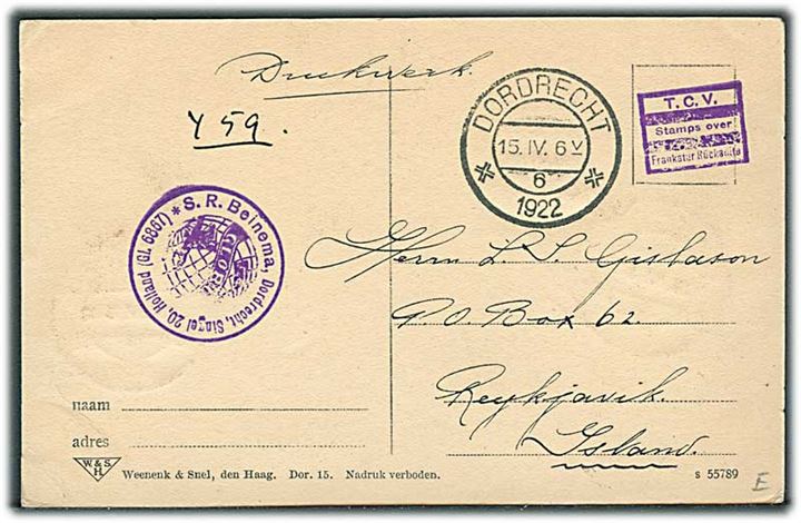 1 c. Ciffer og 5 c. Wilhelmina på billedside at brevkort sendt som tryksag fra Dordrecht d. 15.4.1922 til Reykjavik, Island.