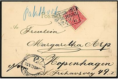 Tysk 10 pfg. Germania på brevkort annulleret med dansk skibsstempel KORSØR-KIEL DPSK:POSTKT: No. 4 d. 11.5.1901 og påskrevet med blåkridt “Paketboot” til Kjøbenhavn, Danmark.  