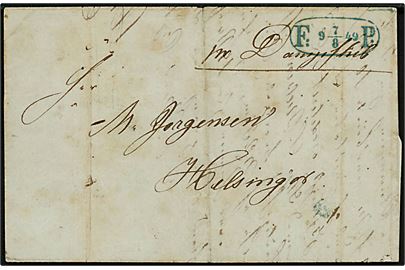1849. Francobrev påskrevet “Pr. Dampskib” med svagt antiqua Kjøbenhavn d. 7.8.1849 og ovalt fodpoststempel F:P: d. 7.8.1849 til Helsingør.