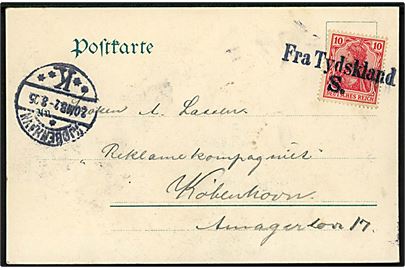 Tysk 10 pfg. Germania på brevkort (Stettin rådhus ved nat) annulleret med skibsstempel “Fra Tydskland S.” og sidestemplet Kjøbenhavn K d. 2.8.1905 til København, Danmark. Sjældent stempel brugt til skibspost fra Stettin, kendes kun på få forsendelser.