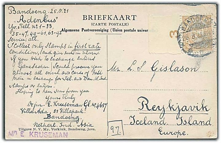 Ned. Ostindien. 7½ c. Ciffer på brevkort fra Bandoeng d. 26.8.1921 til Reykjavik, Island. God destination.