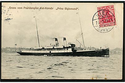 Tysk 10 pfg. Germania på billedside af brevkort (Tysk postdamper “Prinz Sigismund”) annulleret med dansk brotype IIg sejlende bureaustempel Kiel - ** Korsør d. 26.2.1914 til Bourg-la-Reine, Frankrig. 