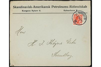 10 øre Chr. X med afskæring fra frimærke påsætnings-maskine på firmakuvert fra Skandinavisk-Amerikansk Pertoleums-Aktieselskab stemplet Kjøbenhavn III d. 21.7.1914 til Svendborg.