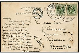 5 øre Fr. VIII i parstykke på brevkort annulleret brotype Ig Trangisvaag d. 20.2.1908 til København, Danmark. Påskrevet “via Leith” med britisk enrings-skibsstempel Leith Ship Letter d. 24.2.1908. Stempel benyttet 5 år senere end reg. i Daka.