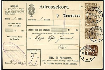 5 øre Bølgelinie og 20 øre Chr. X. i 3-stribe på 65 øre frankeret adressekort for pakke på 2 kg. annulleret med brotype IIIb Thorshavn d. 18.9.1923 til Øre. Landsporto pakker 1-3 kg. (1.4.1922-31.3.1926) = 65 øre. 