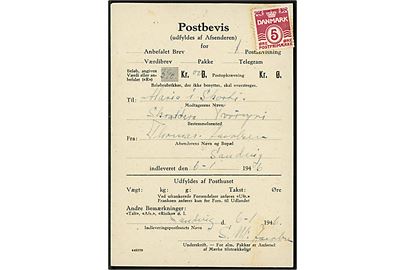 Postbevis 445339. Britisk fremstillet krigstidsformular,anvendt som genpart med ustemplet 5 øre Bølgelinie for Postbevis for afsendelse af postanvisning fra Sandvig d. 6.1.1946 til Tvøroyri. Formular ikke tidligere registreret.