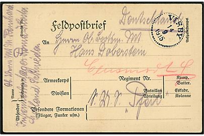 Ufrankeret feltpostkort stemplet Visby d. 14.9.1915 med håndskrevet “Censurerad” til sømand ombort på S.M.S. “Pfeil”, Tyskland. Sendt fra tysk sømand fra S.M.S. “Albatros” i Interneringslejr Roma Kloster på Gotland. 