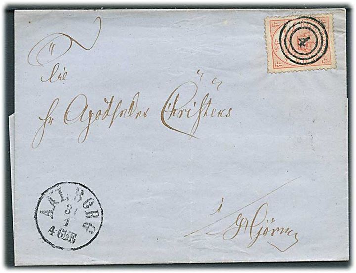 4 sk. Krone/Scepter på brev annulleret med nr.stempel 4 og sidestemplet antiqua Aalborg d. 31.1.1865 til Hjørring.