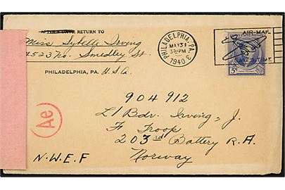 5 cents MacDowell på brev med indhold fra Philadelphia d. 31.5.1940 til britisk soldat i F Troop, 203rd Battery, Royal Artillery, N.W.E.F. (North Western Expeditionary Force) i Norway. Tysk censur fra Frankfurt og forespurgt ved Norsk Røde Kors. Modtageren befandt sig 31.5.1940 i Narvik, Norge. Sjældent indgående post til N.W.E.F.