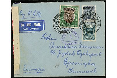 Burma 3 As. 6 Ps. og 1 R. George V og 4 As. George VI med perfin “EAC” på luftpostbrev mærket “by KLM” fra medarbejder ved Eastern Asiatic Company (= ØK) i Rangoon d. 16.2.1940 til Bjerringbro, Danmark. Britisk censur i Rangoon. 