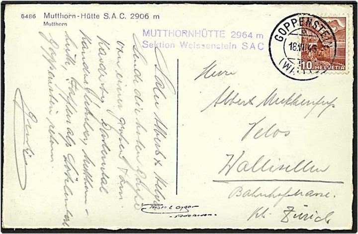 10 cent brun på postkort fra Goppenstein, Schweiz, d. 18.8.1945 til Zürich.