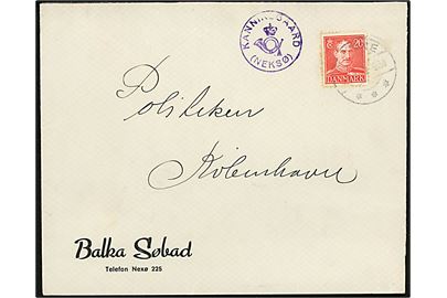 20 øre Chr. X på brev fra Balka Søbad annulleret Rønne d. 8.5.1947 og sidestemplet med violet posthornstempel KANNIKEGAARD (NEKSØ) til København.