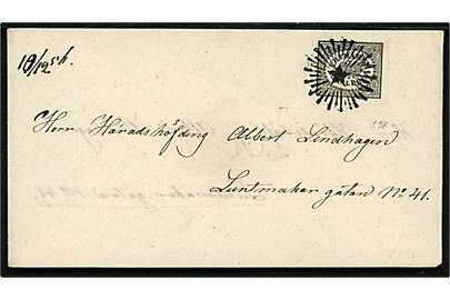 1 sk. b:co lokalmærke på brev i Stockholm annulleret med stjernestempel og på bagsiden rammestempel “Lokalbref 3dje Tn” d. 15.12.1856 til Häradshöfding Albert Lindhagen. Facit: 5000,-