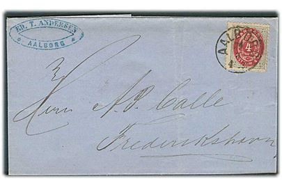 4 sk. Tofarvet på brev annulleret med lapidar Aalborg d. 24.3.1874 til Frederikshavn.