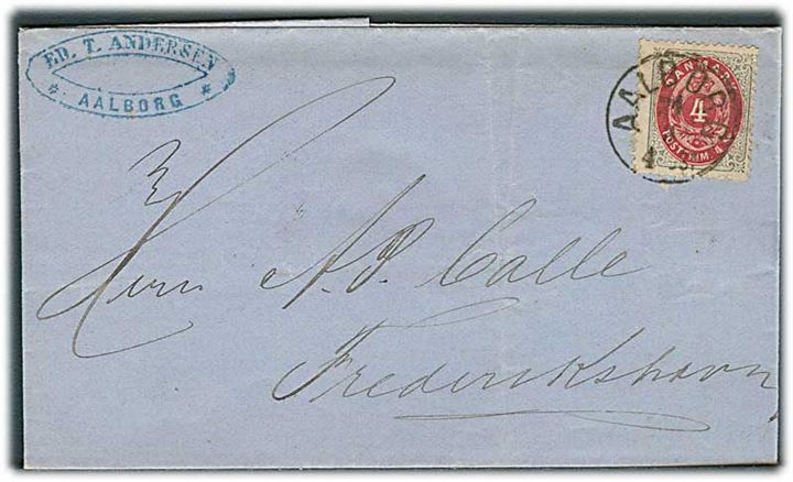 4 sk. Tofarvet på brev annulleret med lapidar Aalborg d. 24.3.1874 til Frederikshavn.