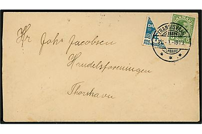 Halveret 4 øre Bølgelinie og 5 øre Chr. X på brev med brotype Ig Trangisvaag d. 20.1.1919 til Thorshavn. Ank.stemplet d. 23.1.1919. Attest Nielsen. AFA 7.500,-
