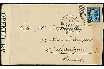 Amerikansk 5 cents Washington på brev annulleret med duplex Charlotte Amalie Saint Thomas / “1” d. 11.5.1919 til København, Danmark. Britisk censur no. 5072.
