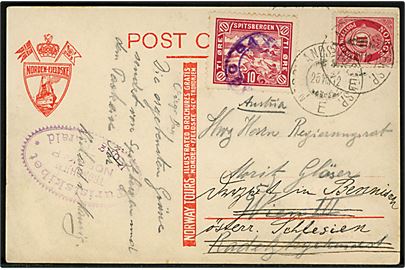 10 øre Spitsbergen udg. og 10 øre Posthorn på brevkort (Wellman-Station, Spitzbergen) annulleret VIRGO BAY, Nordlands Posteksp. E d. 25.8.1912 og sidestemplet ovalt “Turistskibet Trondhjem Nordkap * Kong Harald *” til Wien, Østrig - eftersendt.