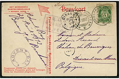 5 øre Posthorn på tryksagskort fra Spitsbergen d. 20.8. med stempel ADVENT BAY og rammestempel B.D.S. / S/S “VEGA” d. 24.8.1912, samt Nordlands Posteksp. E d. 26.8.1912, til Dinant, Belgien.