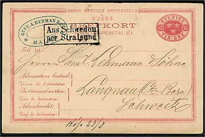 Svensk 10 öre Tre Kroner helsagsbrevkort fra Malmö d. 26.7.1880 annulleret med skibsstempel “Aus Schweden per Stralsund” til Langnau, Schweiz.