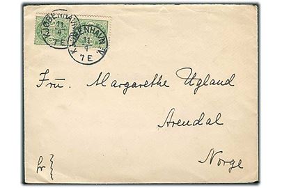 5 øre Våben i parstykke på brev annulleret med lapidar Kjøbenhavn IV. d. 11.4.1899 til Arendal, Norge.