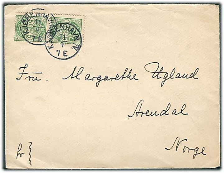 5 øre Våben i parstykke på brev annulleret med lapidar Kjøbenhavn IV. d. 11.4.1899 til Arendal, Norge.
