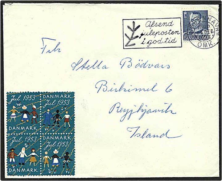60 øre mørkeblå Fr. IX på brev fra København d. 14.12.1953 til Reykjavik, Island.