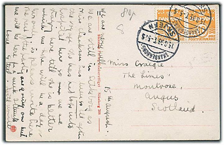 10 øre Bølgelinie i parstykke på brevkort fra Silkeborg annulleret med bureaustempel Skanderborg - Skjern T.575 d. 15.8.1935 til Scotland. 