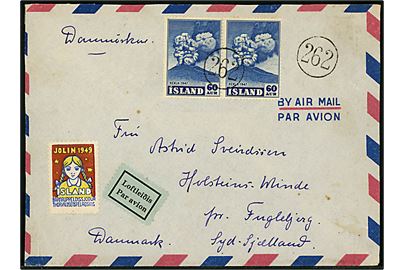 60 aur Hekla (par) og Thorvaldsen Forening Julemærke 1949 på luftpostbrev annulleret med nr.stempel “262” (= Varmahlid) til Holsteins-Minde pr. Fuglebjerg, Danmark.