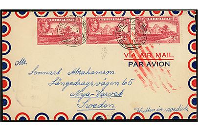 Røde Kors skib M/S “Tamara”. Gibraltar 15d på for- og bagside af luftpostbrev fra M/S “Tamara”, Contraband Control Base, Gibraltar d. 19.7.1945 til Nya-Varvet, Sverige. Luftpost annulleret med rødt stempel i London.