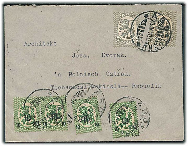 5 pen. (2) Løve og 10/5 pen. Provisorium (4) på 50 pen frankeret brev fra Åbo d. 20.4.1920 til Polnisch Ostrau, Tjekkoslovakiet.