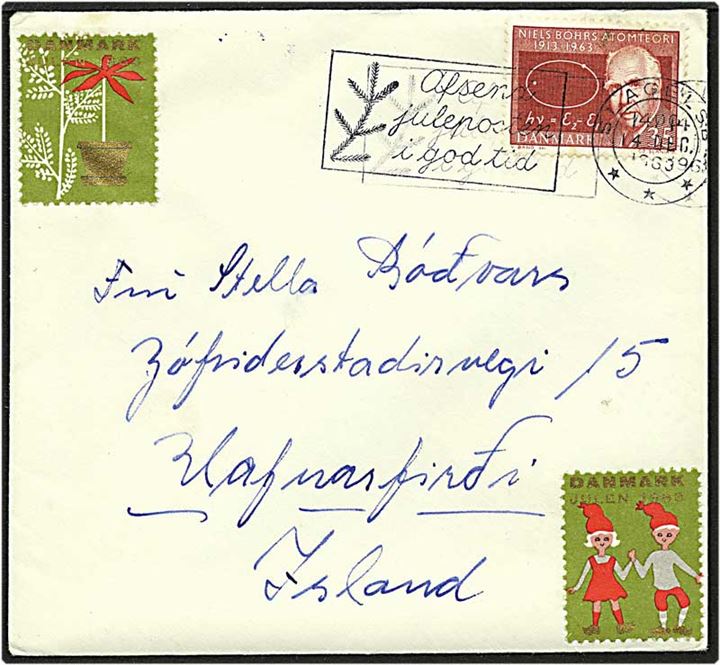 35 øre rødbrun Niels Bohr på brev fra Slagelse d. 14.12.1963 til Hafnarfjodur, Island.