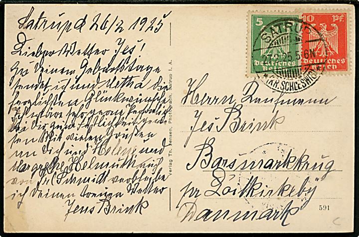 Tyskland, Satrup (Schleswig),  Hotel zur Post ved Jens Brink - tidl. bestyrer af Margarethenhof i Løjt Kirkeby. Sendt af indehaver i 1925.