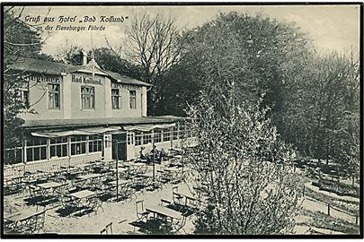 Kollund, Hotel Bad Kollund bed Flensburg fjord. H. Wilm u/no. Frankeret med 5 pfg. Germania annulleret med enringsstempel Krusau d. 4.8.1911 til Woyens.