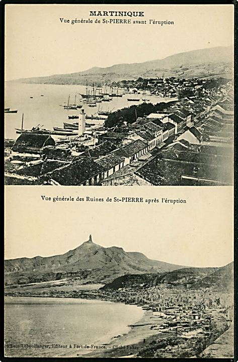 Martinique, St. Pierre før og efter vulkanudbrud 1902.