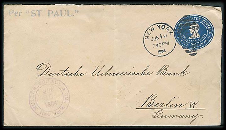 5 cents helsagskuvert fra New York d. 10.6.1904 til Berlin, Tyskland. Privat skibsstempel: Per St. Paul. 