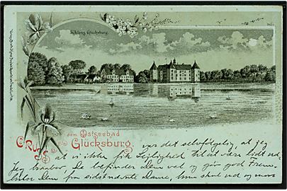 Tyskland, Gruss aus med Ostseebad Glücksburg i månelys. Rosenblatt no. 382.
