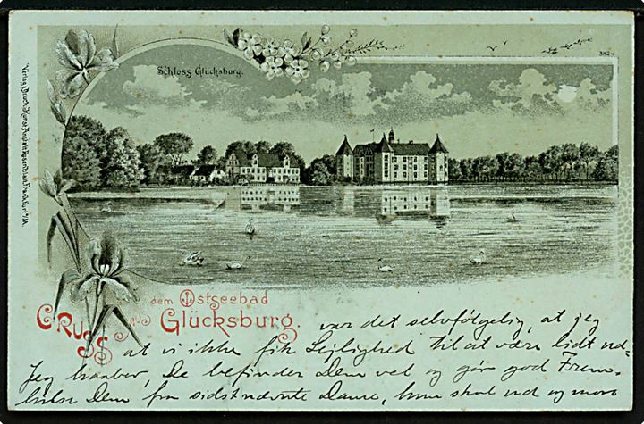 Tyskland, Gruss aus med Ostseebad Glücksburg i månelys. Rosenblatt no. 382.