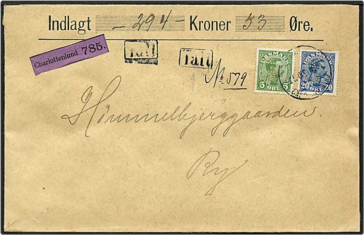 35 øre Chr. X porto på værdibrev fra Charlottenlund d. 3.5.1915 til Ry. Mærkerne med perfin G20 - Gentofte Kommune. Stemplet Talt.