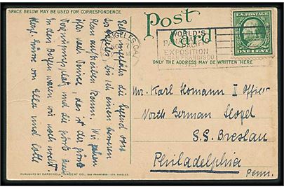 1 cent på brevkort fra Los Angeles d. 7.11.1914 til tysk sømand ombord på NDL skib S/S Breslau oplagt i Philadelphia. Besætningen blev i 1917 interneret og skibet overtaget af USA.