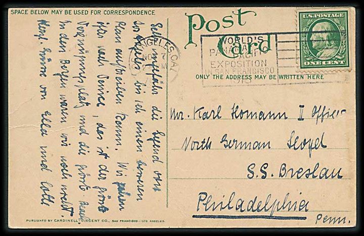1 cent på brevkort fra Los Angeles d. 7.11.1914 til tysk sømand ombord på NDL skib S/S Breslau oplagt i Philadelphia. Besætningen blev i 1917 interneret og skibet overtaget af USA.