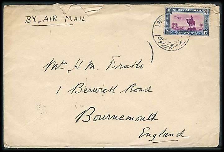 2½d Luftpost single på luftpostbrev fra Port Sudan 1934 via Khartoum til Bournemouth, England.