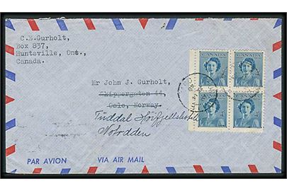 4 c. Elizabeth i fireblok på luftpostbrev fra Huntsville d. 14.7.1948 til Oslo, Norge - eftersendt til Tuddal Höifjellshotel, Notodden.