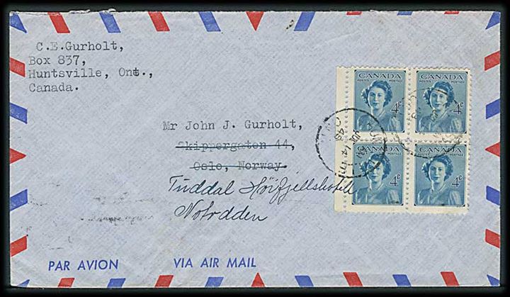 4 c. Elizabeth i fireblok på luftpostbrev fra Huntsville d. 14.7.1948 til Oslo, Norge - eftersendt til Tuddal Höifjellshotel, Notodden.