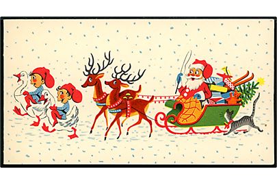 Julemand med slæde fyldt med gaver og 2 ridende nisser på gæs. Klapkort CEMO no. 205
