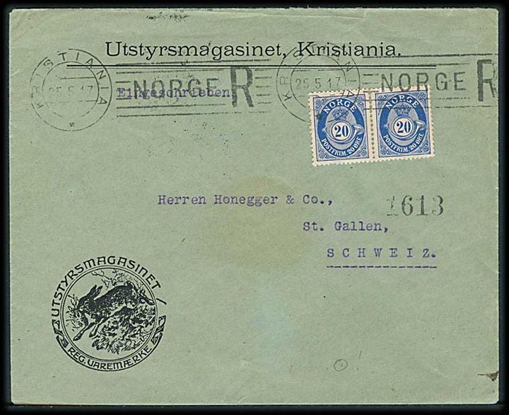 20 øre Posthorn i parstykke på anbefalet brev annulleret med særligt TMS Kristiania/Norge R. d. 25.5.1917 til St. Gallen, Schweiz.